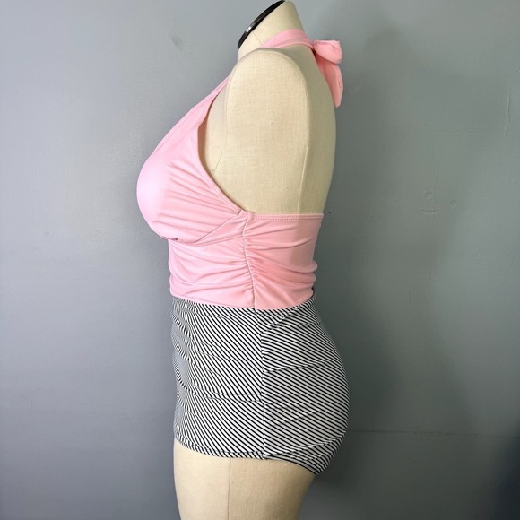 Pink Black and White Striped Ruched Plunge Halter Tie Swimsuit Women's Size L - Picture 6 of 12
